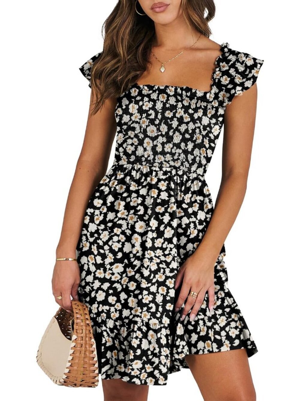 Women's Summer Sleeveless Square Neck Dress Floral Black Smocked Ruffle Backless